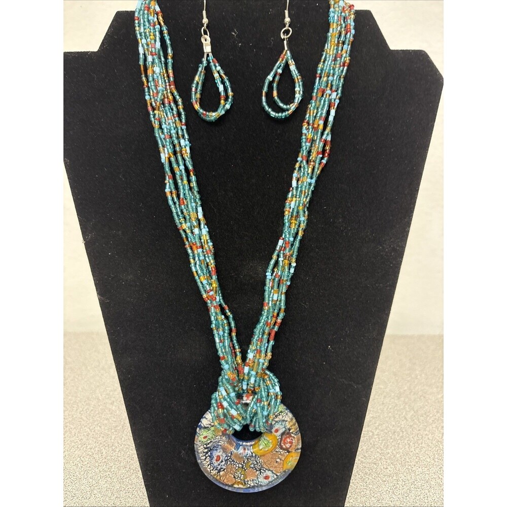 Multicolored Dichroic Glass Pendant, Multi‎ Strand Beaded Necklace And Earrings